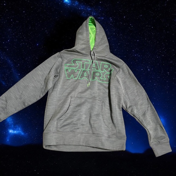 Star Wars Gray Hoodie Youth Large Neon Green Logo Drawstring Pockets - Picture 2 of 3